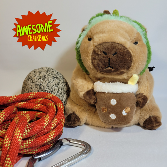Boba Tea Avocado Capybara Chalk Bag – Plush Animal Chalk Bag with Drawstring Closure – Optional Waist Belt & Chalk Brush